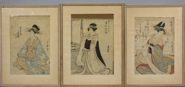 Appraisal: Three Japanese woodblock prints x sight x framed stains and