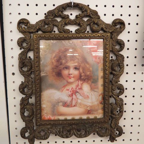 Appraisal: Bronzed Frame with Print of Younf Girl rococo style frame