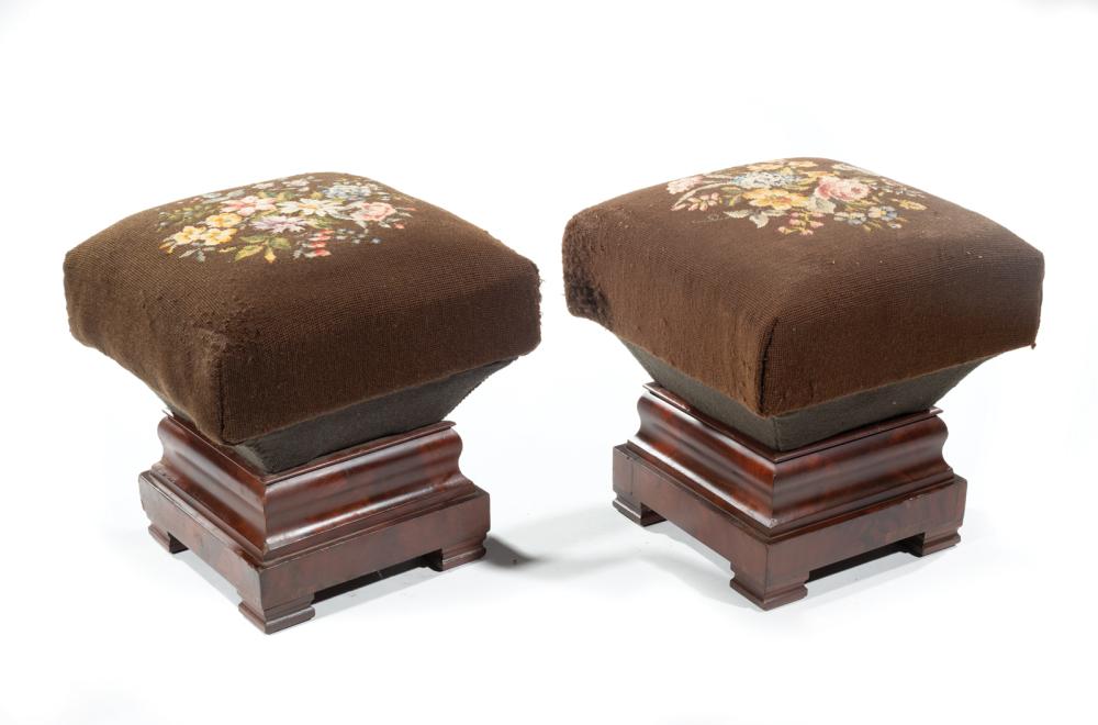 Appraisal: Pair of American Classical Mahogany Stools With Needlepoint Upholstery early