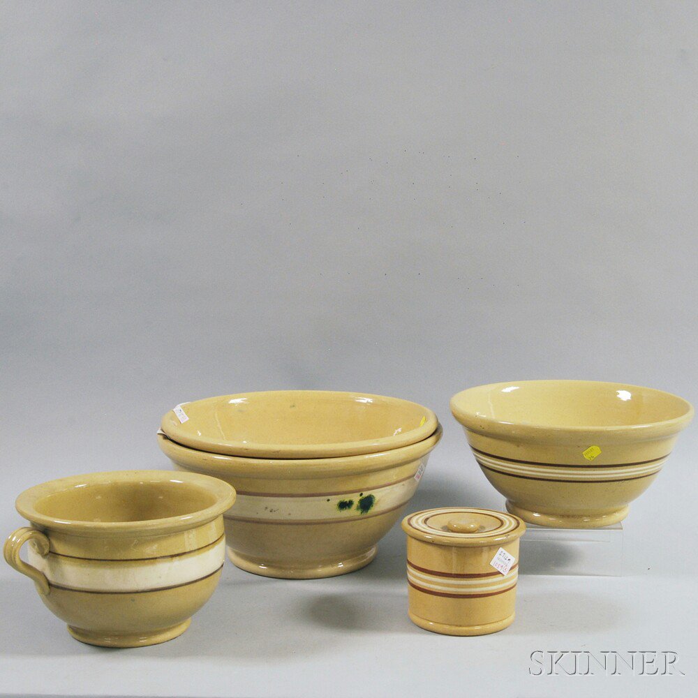 Appraisal: Five Banded Yellowware Vessels three large mixing bowls one with