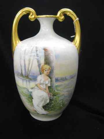 Appraisal: J P Limoges Handpainted Porcelain Vase young girl landscape with