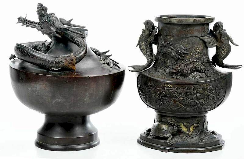 Appraisal: Two Large Bronze Vases with Animals Late th century both