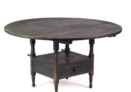 Appraisal: VERMONT MAPLE HUTCH TABLE IN BLUE-GREEN PAINT The circular top