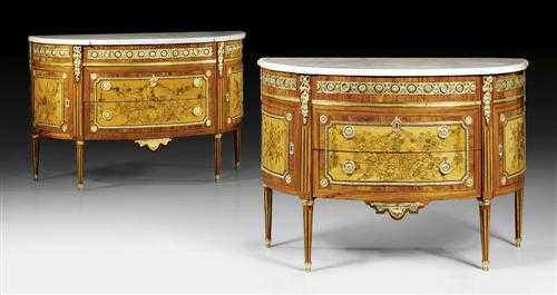 Appraisal: PAIR OF DEMI-LUNE CHESTS OF DRAWERS WITH FLORAL MARQUETRY Louis