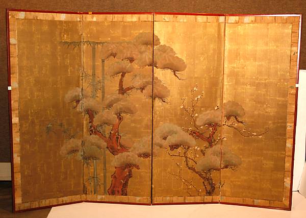 Appraisal: A four-panel screen th Century Ink and color on silk