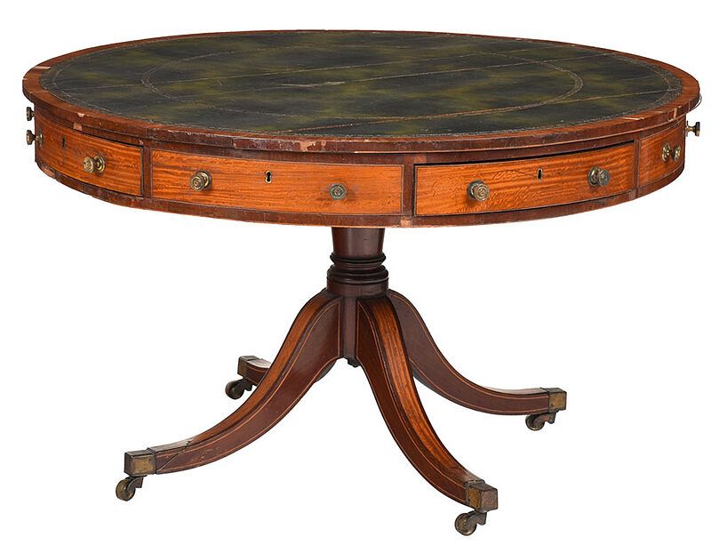 Appraisal: Regency Satinwood Inlaid Rotating Drum Table British th century tooled