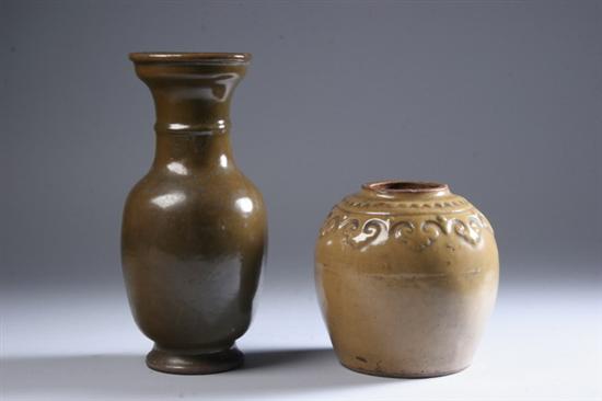 Appraisal: JAPANESE BROWN AND BEIGE GLAZED STONEWARE VASE AND JAR The