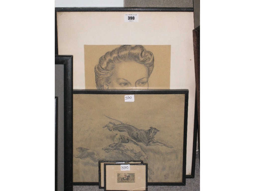 Appraisal: Lot comprising two miniature prints a pencil drawing 'Coursing' and