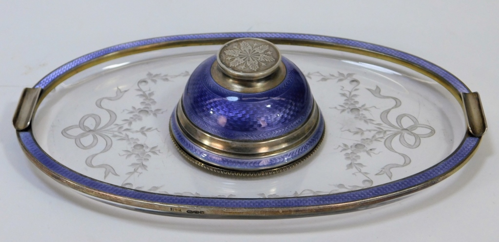 Appraisal: EUROPEAN GUILLOCHE ENAMEL STERLING SILVER INKWELL Europe Late th-Early th