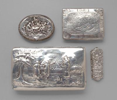 Appraisal: Four Continental silver boxes one rectangular with dancing scene Dutch