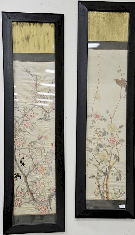 Appraisal: Three silk tapestries with embroidered wild flowers and birds image