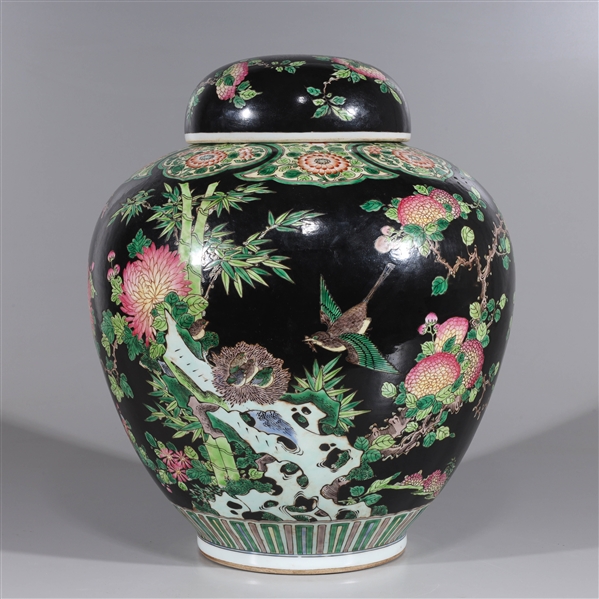 Appraisal: Chinese famille rose enameled porcelain black ground covered vase with