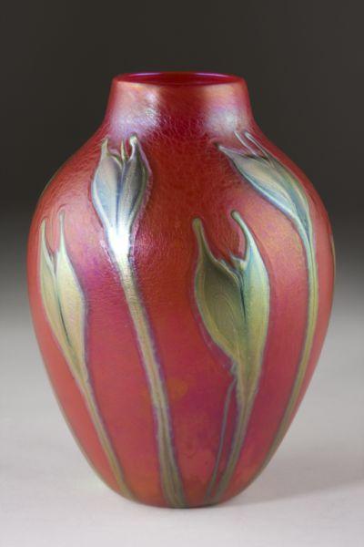 Appraisal: Charles Lotton Art Glass Vase red field with iridescent tendrils