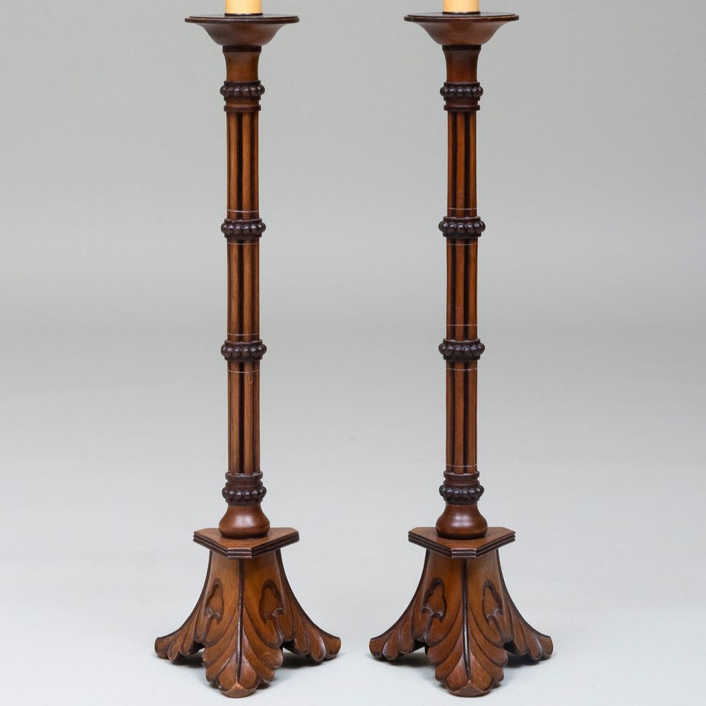 Appraisal: Pair of English Carved Wood Candlestick Lamps x x in