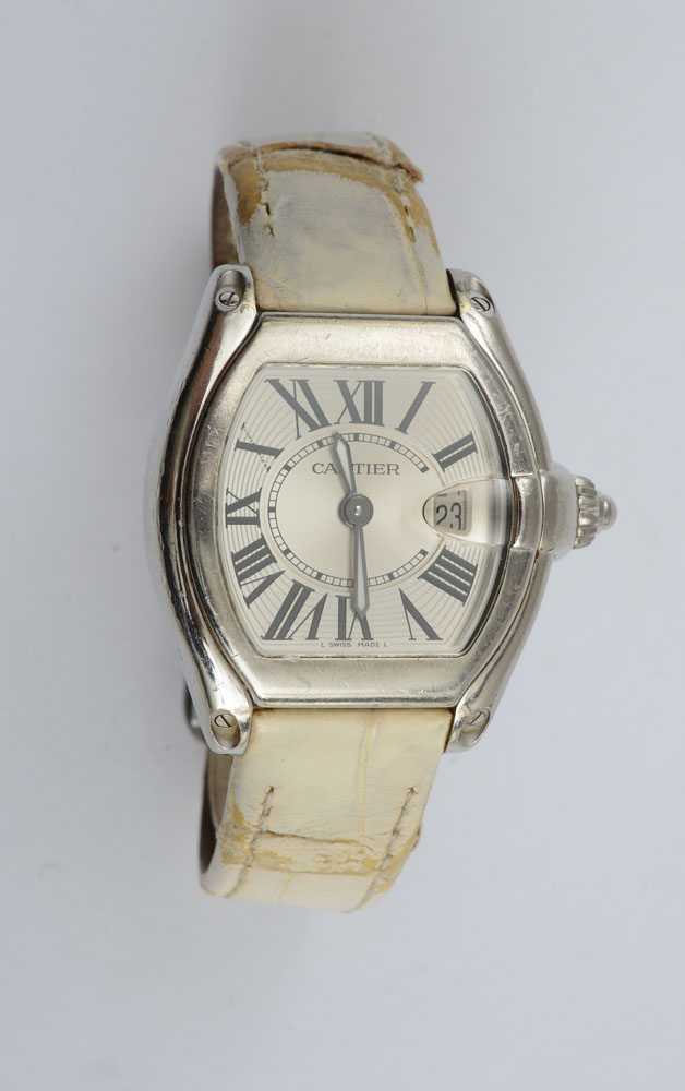 Appraisal: STAINLESS STEEL ROADSTER WRISTWATCH CARTIER Signed on white dial with