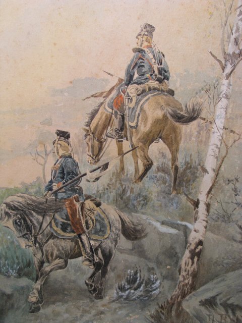 Appraisal: Watercolor painting of military cavalry soldiers in rough terrain Signed