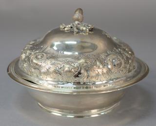 Appraisal: Silver butter dish with repousse cover and acorn top interior