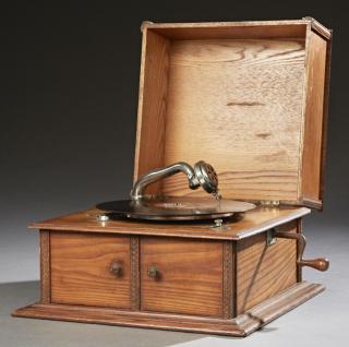 Appraisal: French Carved Oak Table Top Crank Gramophone earl French Carved