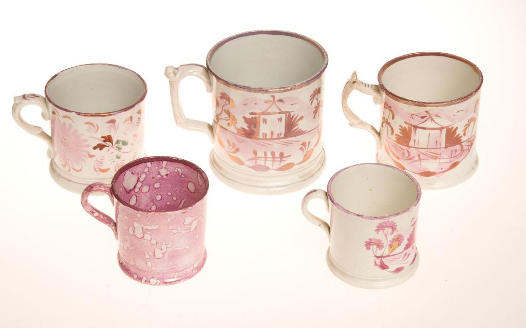 Appraisal: GROUP OF FIVE th CENTURY STAFFORDSHIRE PINK LUSTRE MUGS TANKARDS