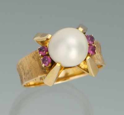 Appraisal: A Retro Pearl and Pink Sapphire Ring k yellow gold