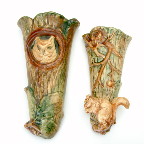 Appraisal: WELLER Two Woodcraft wall pockets one with owl in a