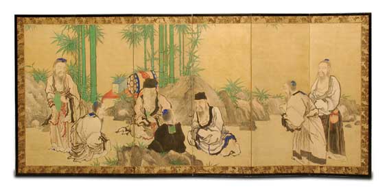 Appraisal: ANTIQUE JAPANESE SIX-PANEL SCREEN Antique Japanese Edo Period six-panel screen