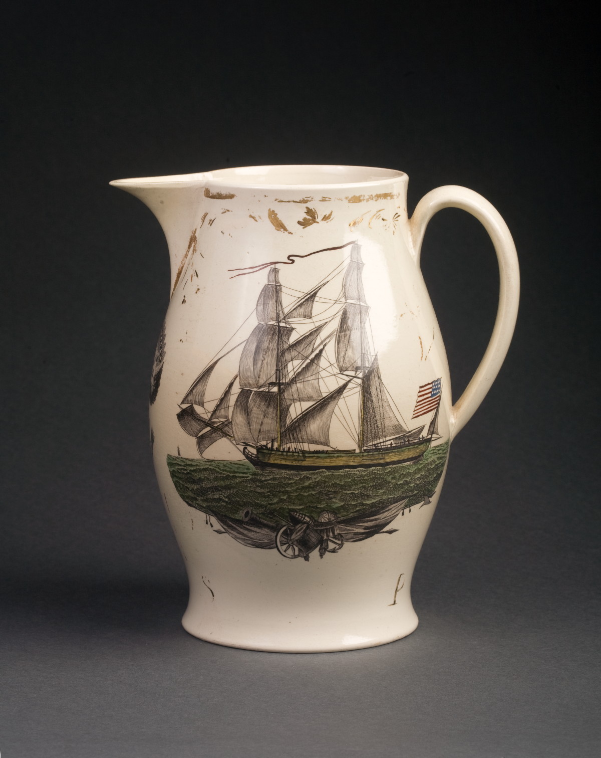 Appraisal: ENGLISH CREAMWARE ENAMEL-DECORATED AND BLACK TRANSFER-PRINTED JUG LIVERPOOL CIRCA -