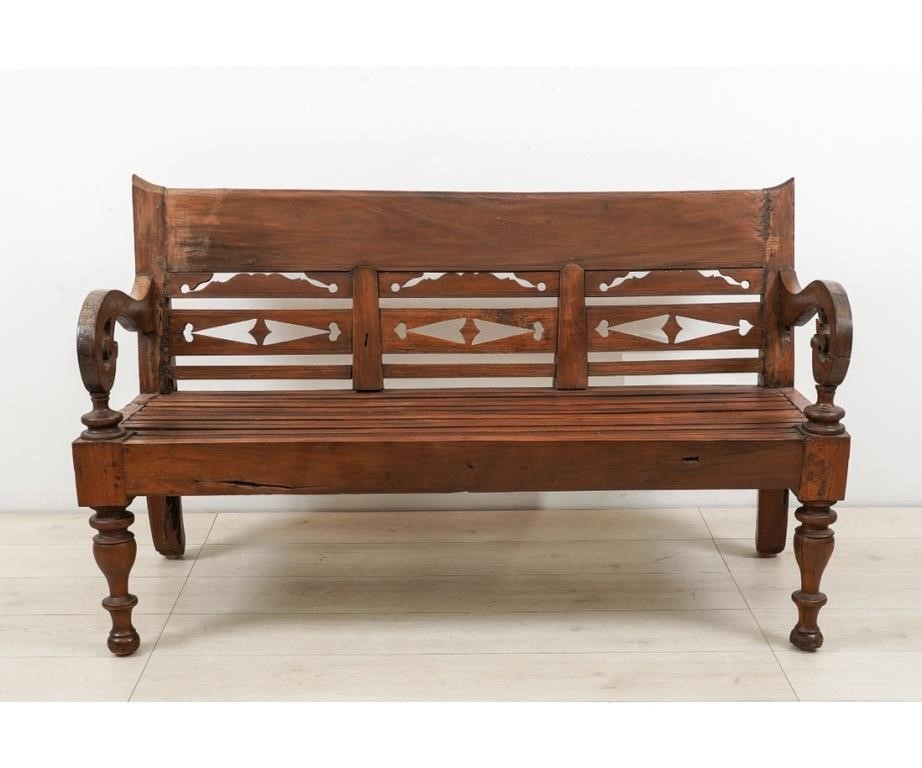 Appraisal: French mahogany garden bench th c pinned construction h x