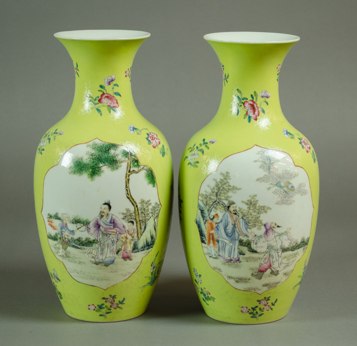 Appraisal: PAIR CHINESE YELLOW SGRAFFITO PORCELAIN VASES baluster form with flared