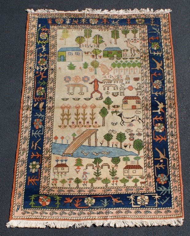 Appraisal: x pictorial rug with figures and houses