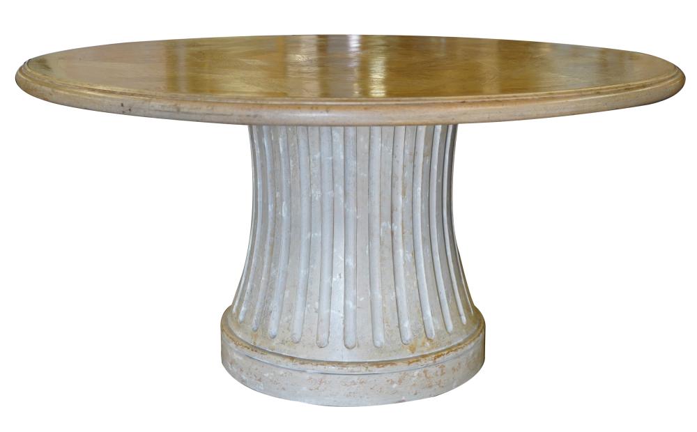 Appraisal: ROUND PARQUETRY-TOP OAK DINING TABLEwith waisted fluted pedestal base inches