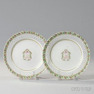 Appraisal: Pair of Export Porcelain Reticulated Armorial Plates China early th