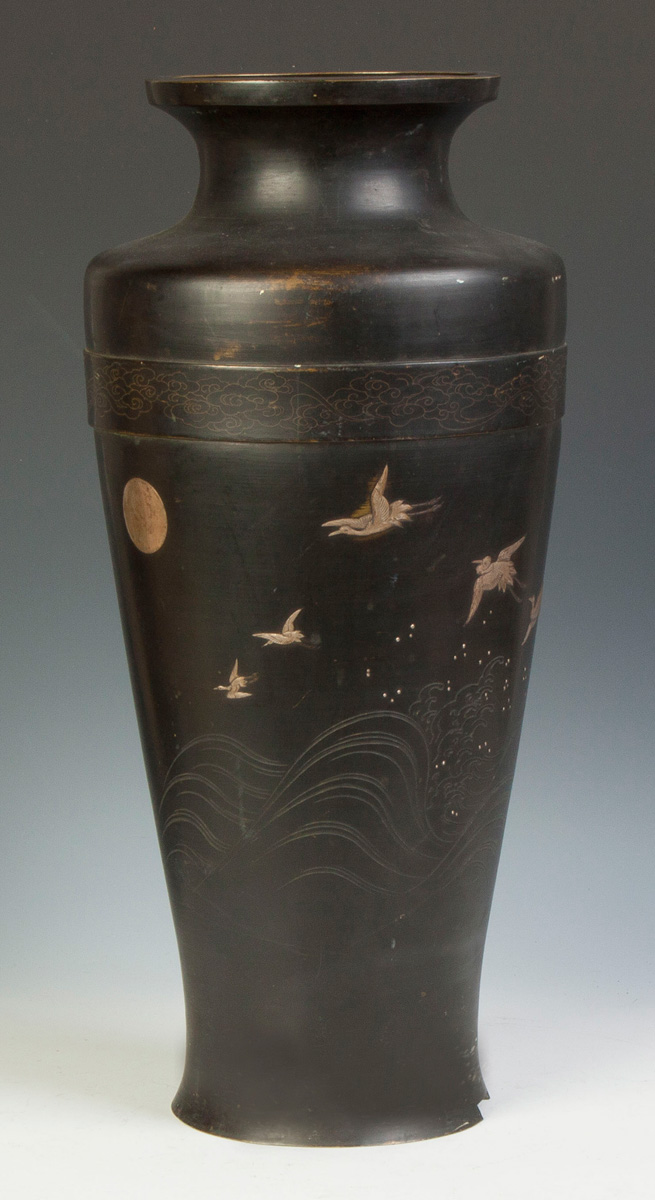 Appraisal: Japanese Mixed Metal Floor Vase C Herons w moon seascape