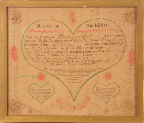 Appraisal: Friederich Krebs printed and watercolor fraktur x