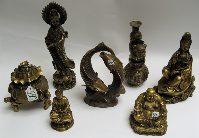 Appraisal: SEVEN CHINESE BRONZE AND BRASS FIGURES including four deities a