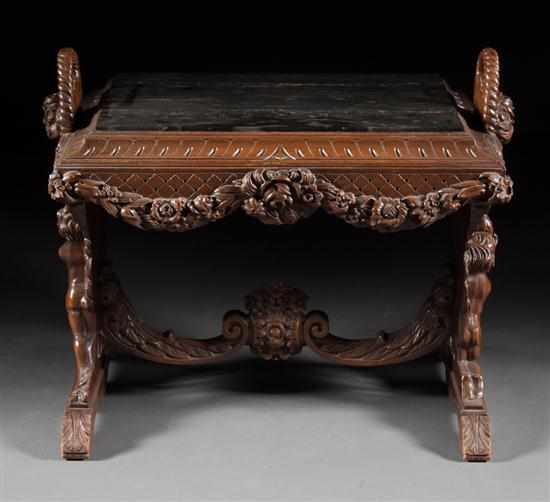 Appraisal: Contemporary Continental style carved walnut side table with inset marble