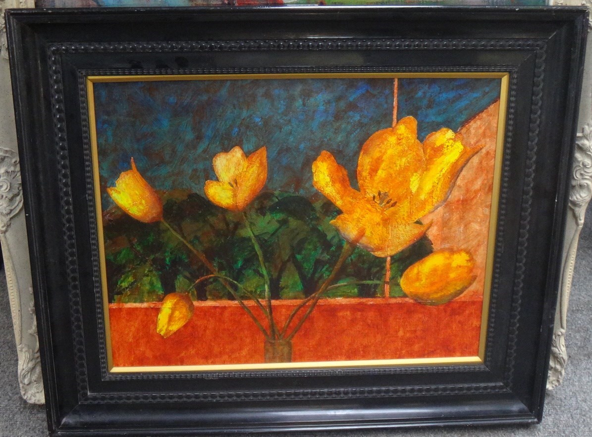 Appraisal: Circle of Winifred Nicholson Tulips by a window oil on