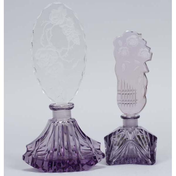 Appraisal: Two Purple and Clear Czech Glass Perfume Bottles with Intaglio