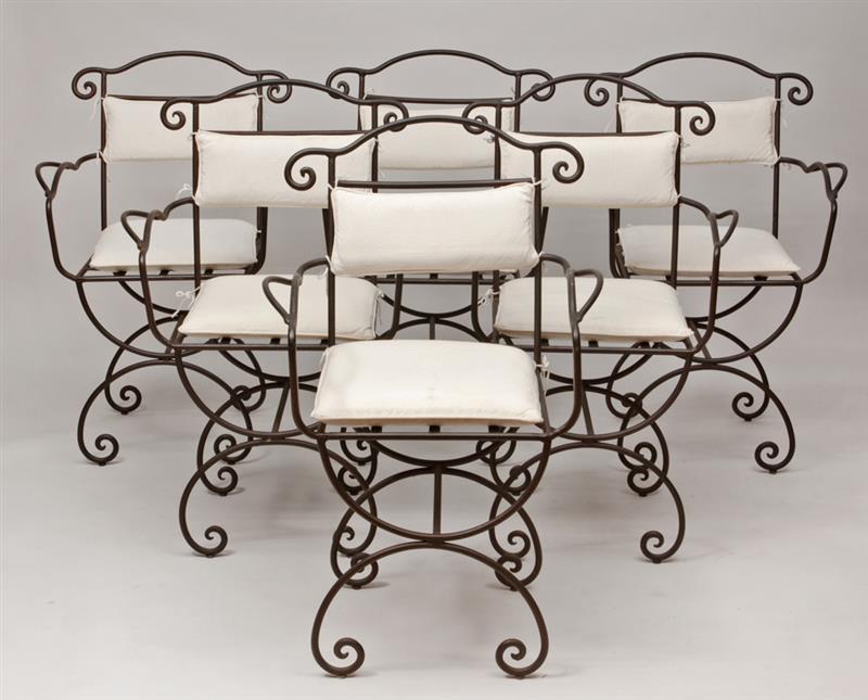 Appraisal: Group of Twelve Black Wrought-Iron Garden Armchairs Fitted with white