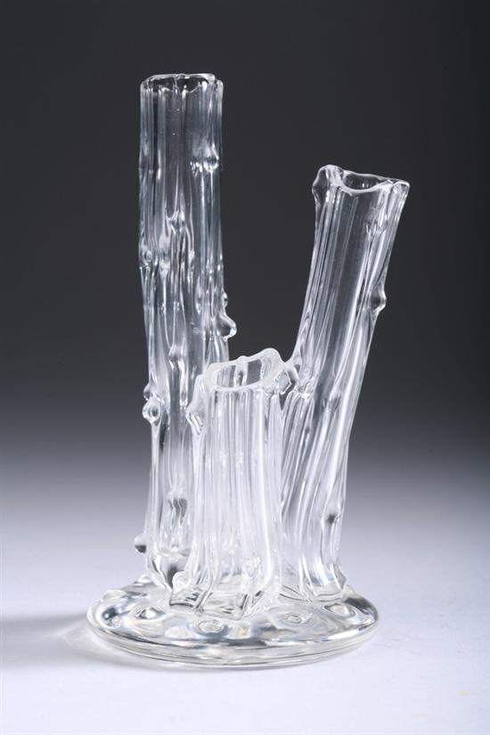 Appraisal: STEUBEN TRIPLE TREE TRUNK COLORLESS GLASS VASE Fleur-de-lis mark -