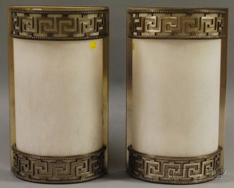 Appraisal: Pair of Metal Greek Key and Alabaster Demilune Wall Sconces