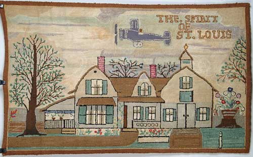 Appraisal: HOOKED RUG WITH LARGE HOUSE AND PLANE THE SPIRIT OF