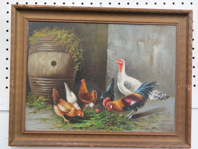 Appraisal: Oili Painting of Chickens near a barrel on board image