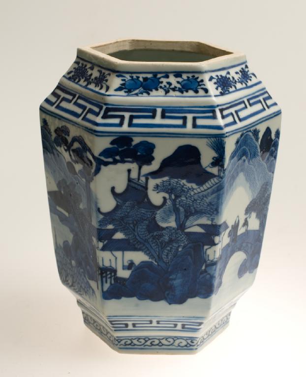 Appraisal: CHINESE PROVINCIAL BLUE AND WHITE FACETED BALUSTER JAR th century