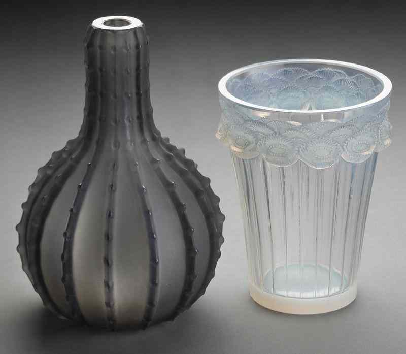 Appraisal: R Lalique glass vases including ''Dentele'' glass vase with smoky