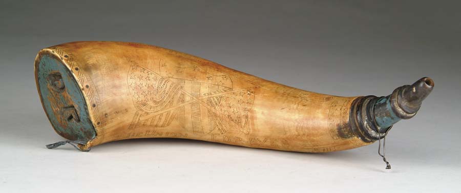 Appraisal: COMMEMORATIVE POWDER HORN horn with turned nozzle and wood pinned