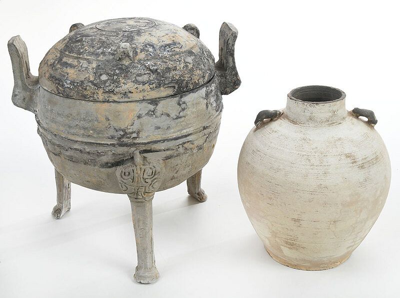 Appraisal: Two Chinese Pottery Vessels covered Ding tripod vessel with two