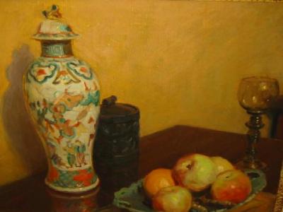 Appraisal: FRED STEAD Still Life with Fruit and Chinese Vase signed