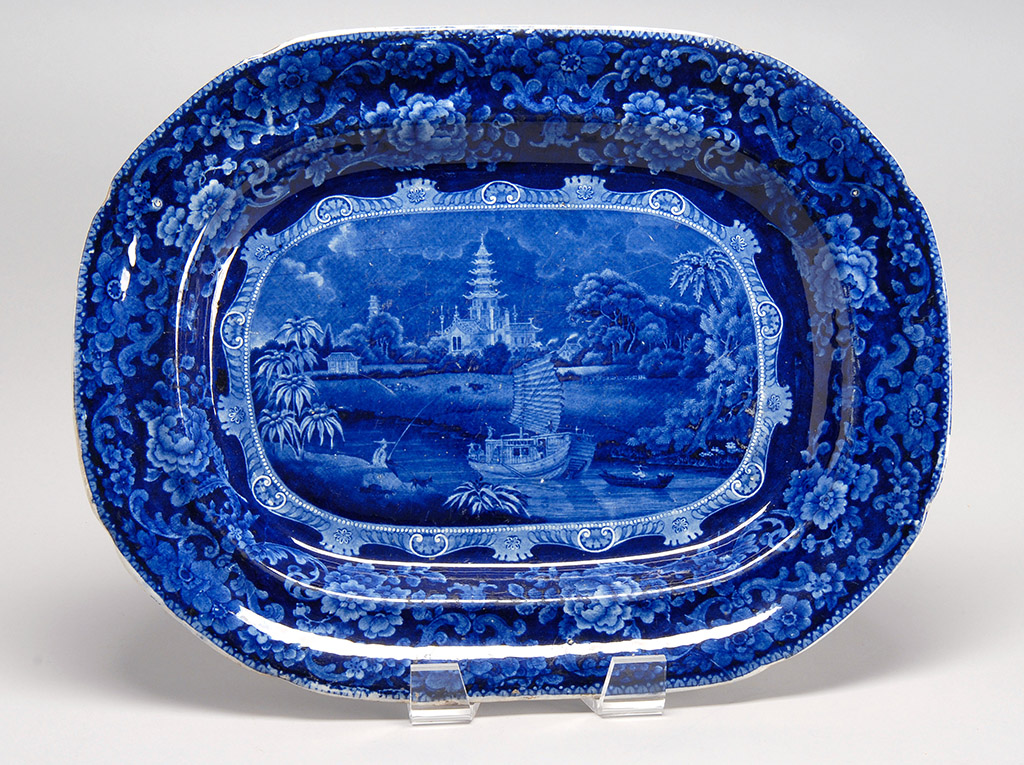 Appraisal: TH CENTURY ENGLISH STAFFORDSHIRE FLOW BLUE PLATTER depicting Chinese river