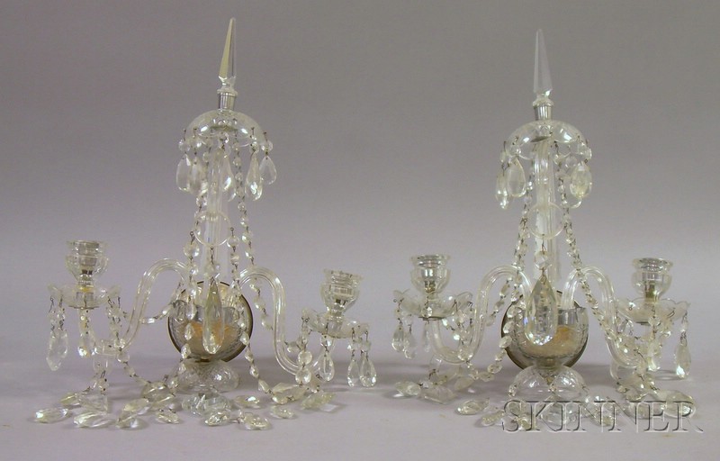 Appraisal: Pair of Colorless Pressed and Cut Glass Two-Light Wall Sconces